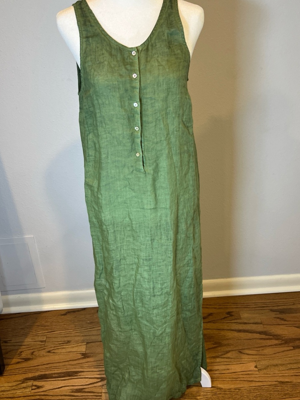 120% LINO Luxury Resort Green Linen Sleeveless Maxi Dress S Boho Coastal Grandma